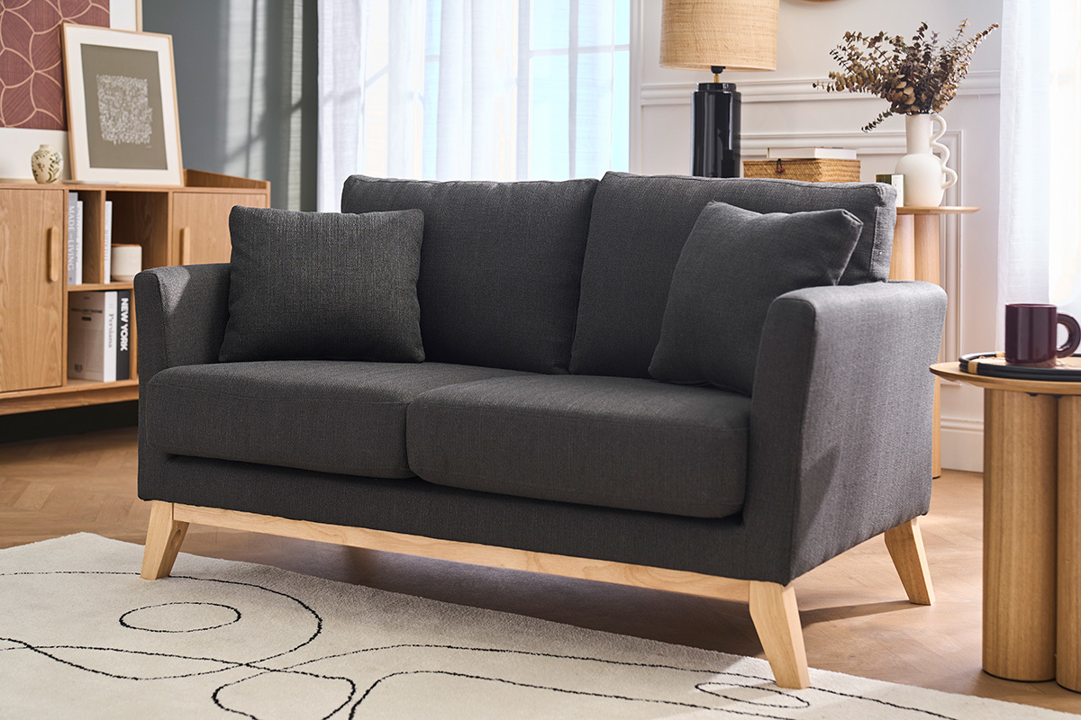 Canap� scandinave d�houssable 2 places en tissu gris fonc� et bois clair OSLO