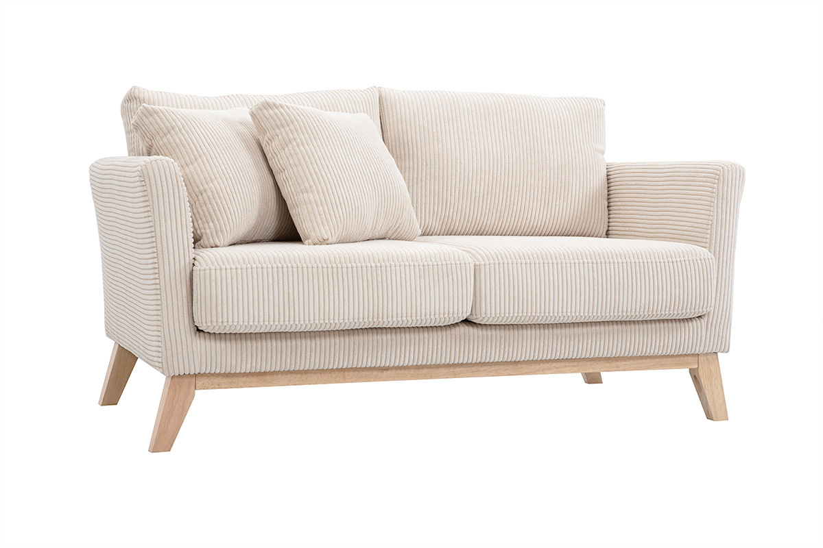 Canap scandinave dhoussable 2 places en tissu velours ctel beige et bois clair OSLO