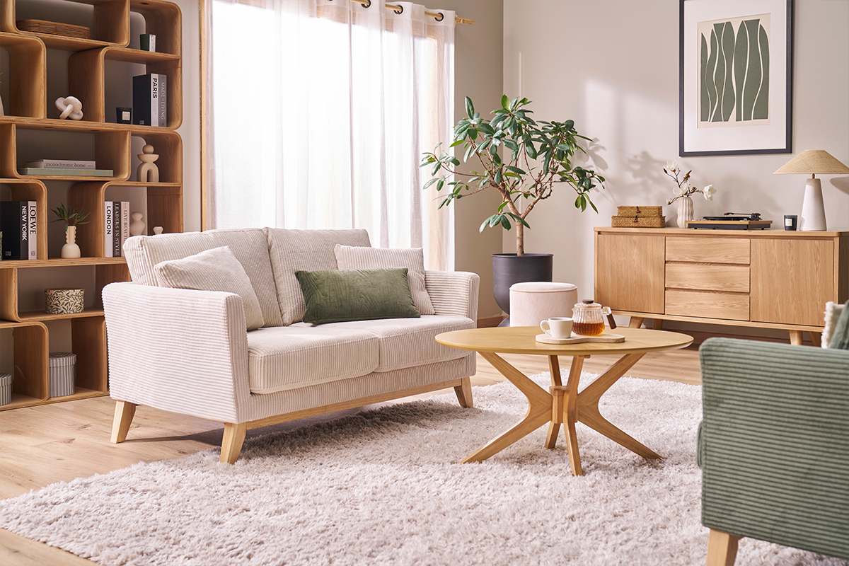 Canap scandinave dhoussable 2 places en tissu velours ctel beige et bois clair OSLO