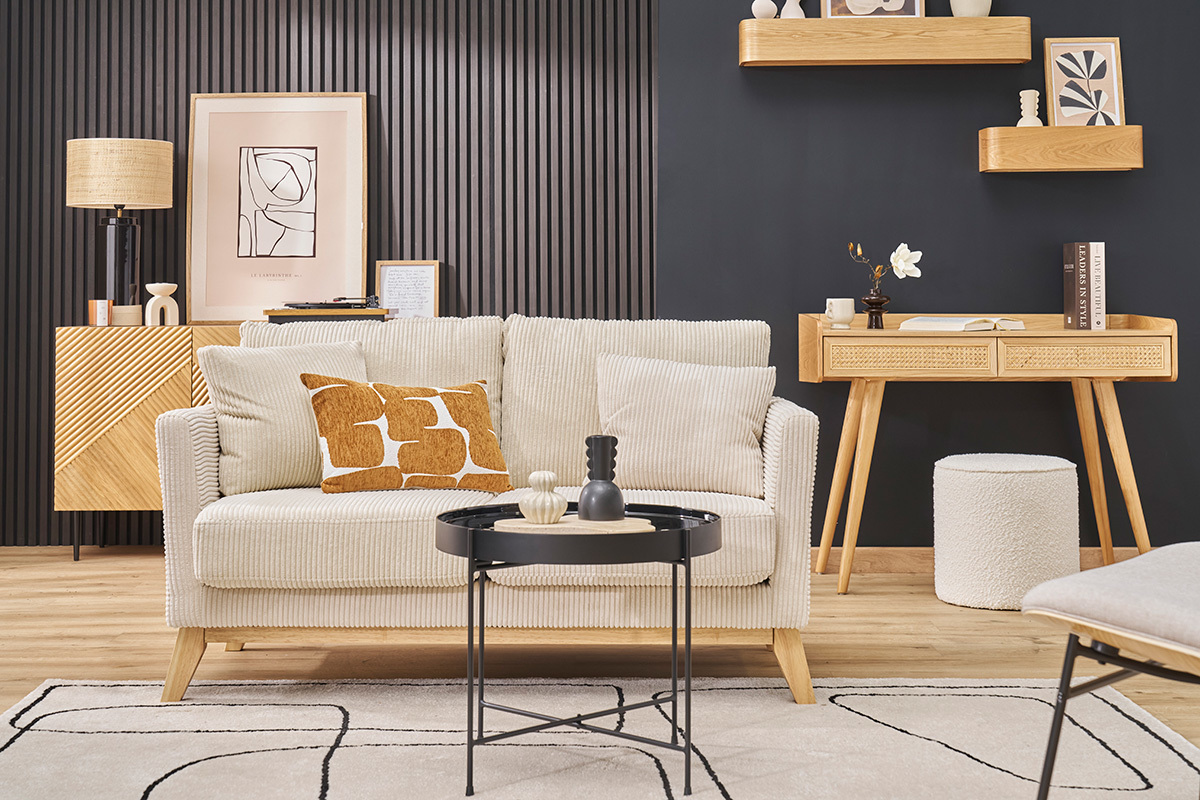 Canap scandinave dhoussable 2 places en tissu velours ctel et bois clair OSLO