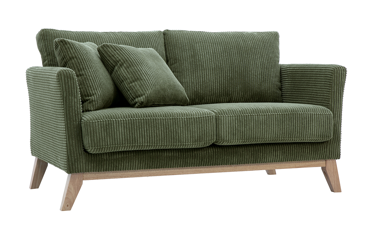 Canap scandinave dhoussable 2 places en tissu velours ctel vert kaki et bois clair OSLO