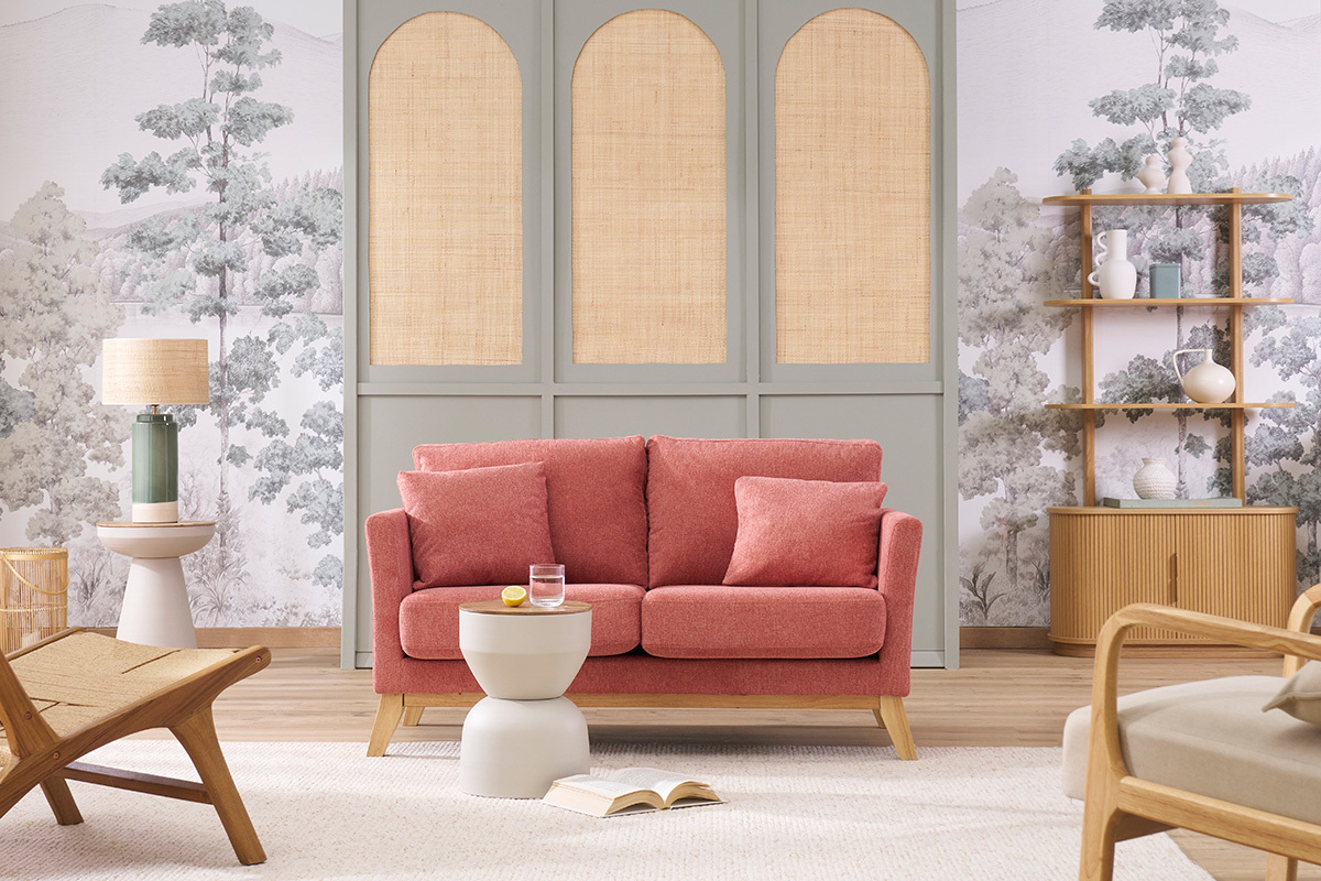 Canap scandinave dhoussable 2 places en tissu velours ctel vert kaki et bois clair OSLO