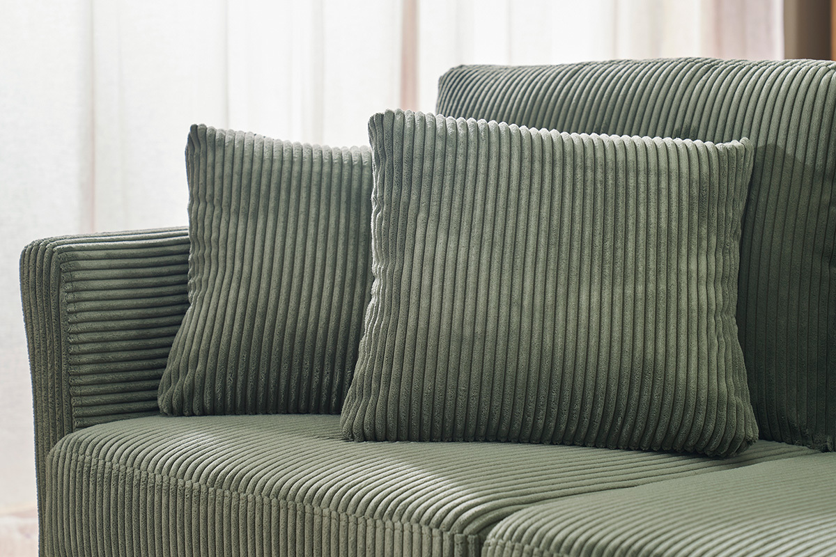 Canap� scandinave d�houssable 2 places en tissu velours c�tel� vert kaki et bois clair OSLO