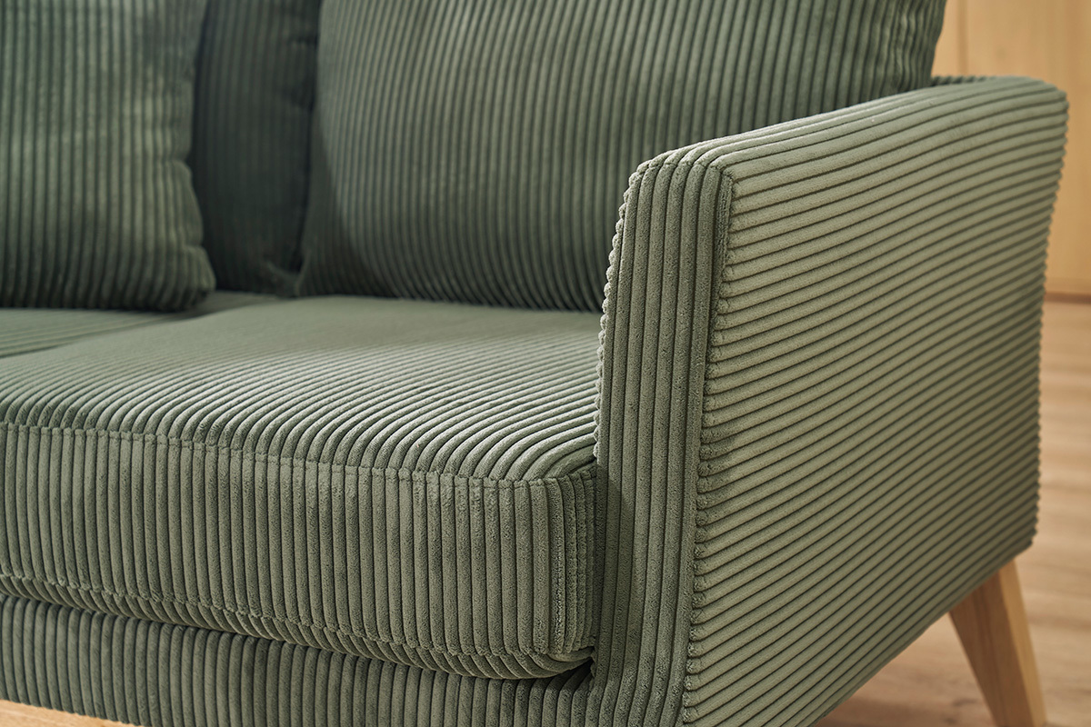 Canap� scandinave d�houssable 2 places en tissu velours c�tel� vert kaki et bois clair OSLO