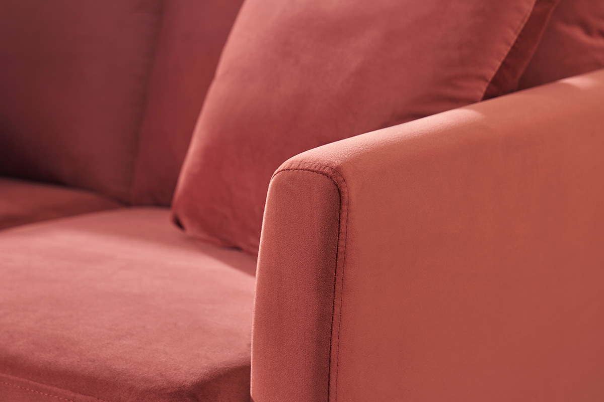 Canap� scandinave d�houssable 2 places en tissu velours rouge tomette et bois clair OSLO