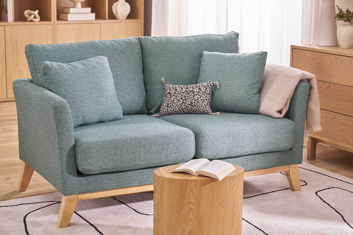 Canap� scandinave d�houssable 2 places en tissu vert de gris et bois clair OSLO