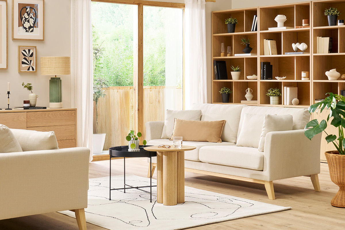 Canap scandinave dhoussable 3 places en tissu beige et bois clair OSLO