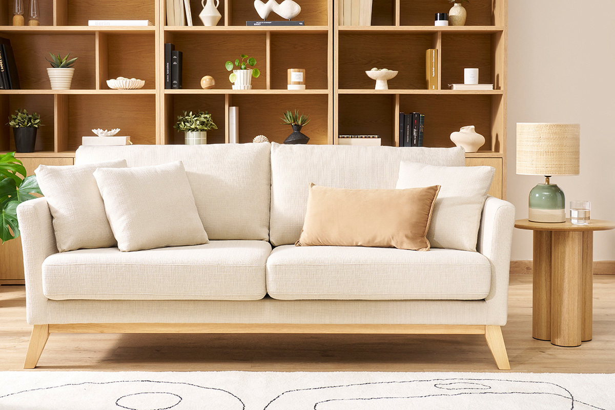 Canap scandinave dhoussable 3 places en tissu beige et bois clair OSLO
