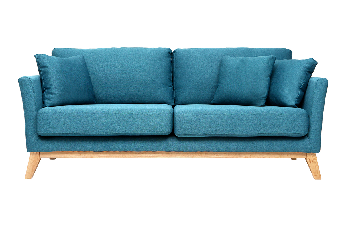 Canap scandinave dhoussable 3 places en tissu bleu canard et bois clair OSLO
