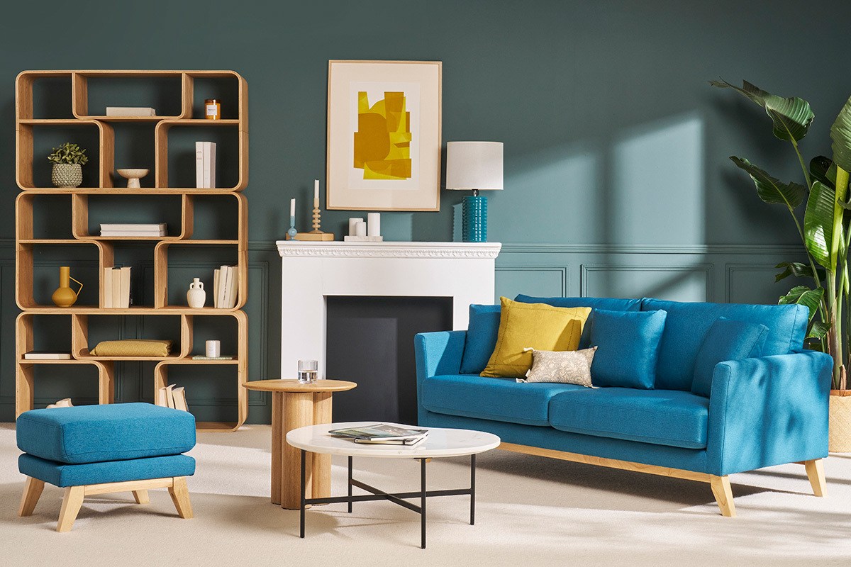 Canap scandinave dhoussable 3 places en tissu bleu canard et bois clair OSLO