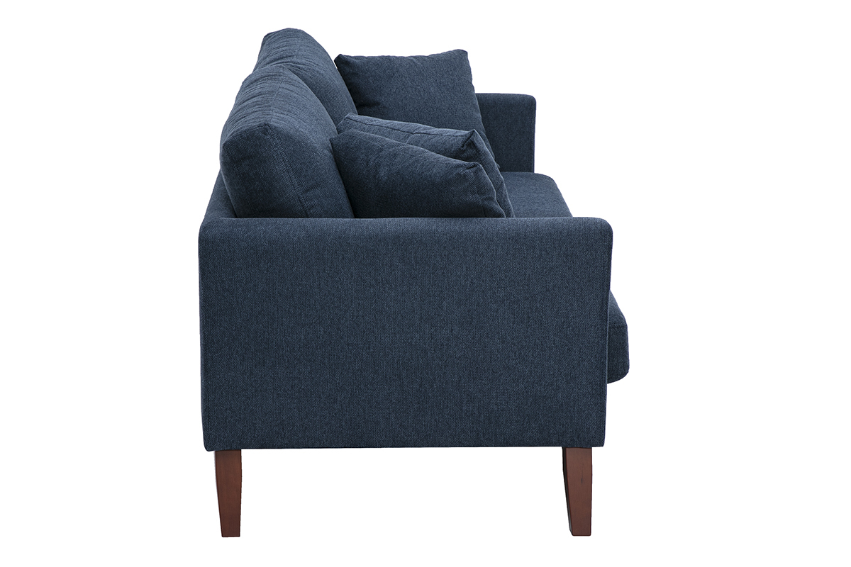 Canap� scandinave d�houssable 3 places en tissu effet velours textur� bleu fonc� et bois fonc� OSLO