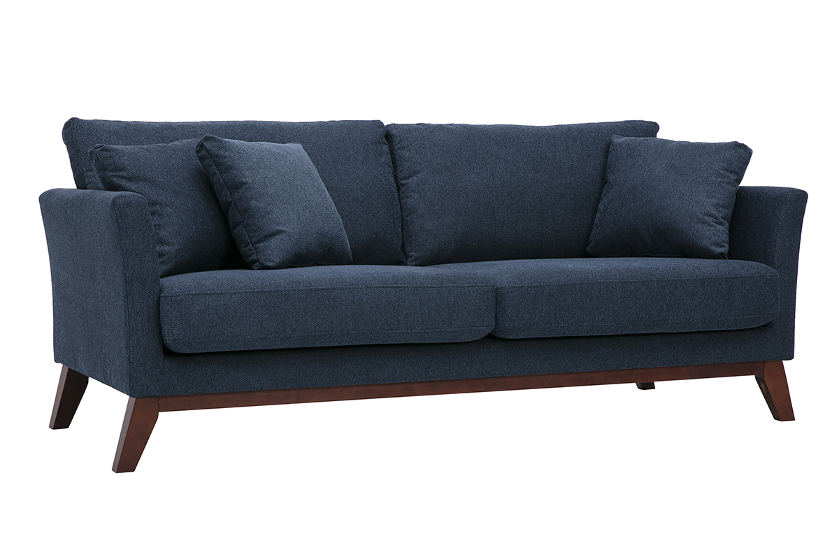 Canap� scandinave d�houssable 3 places en tissu effet velours textur� bleu fonc� et bois fonc� OSLO