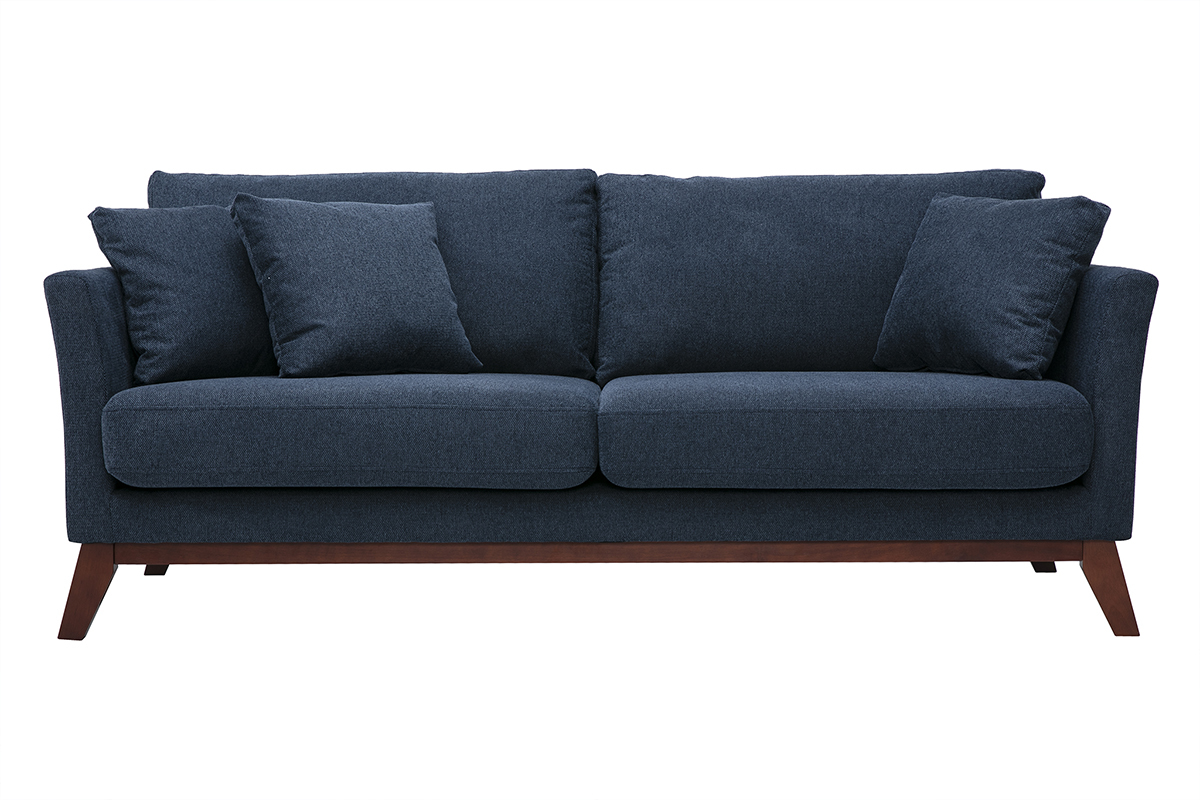Canap� scandinave d�houssable 3 places en tissu effet velours textur� bleu fonc� et bois fonc� OSLO