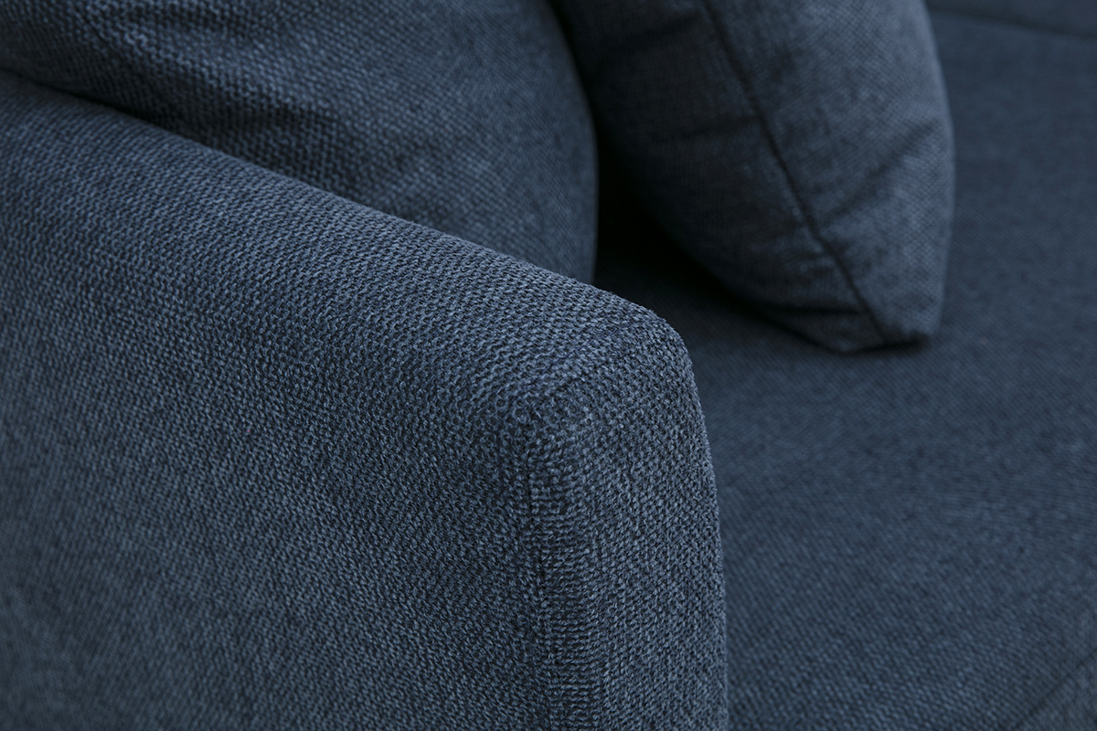 Canap� scandinave d�houssable 3 places en tissu effet velours textur� bleu fonc� et bois fonc� OSLO