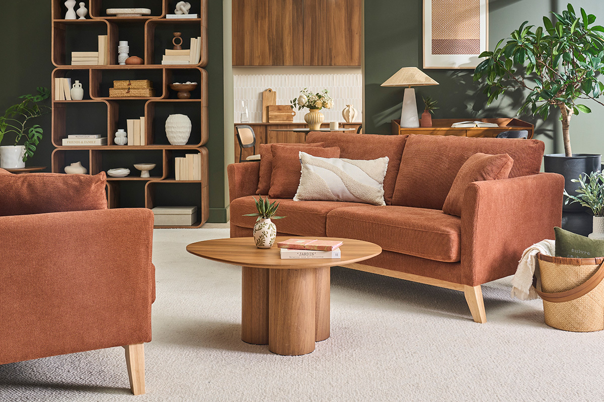 Canap� scandinave d�houssable 3 places en tissu effet velours textur� bleu fonc� et bois fonc� OSLO