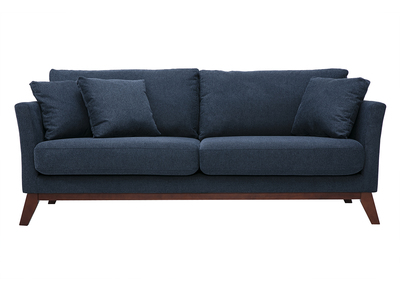 Canap&eacute; scandinave d&eacute;houssable 3 places en tissu effet velours textur&eacute; bleu fonc&eacute; et bois fonc&eacute; OSLO