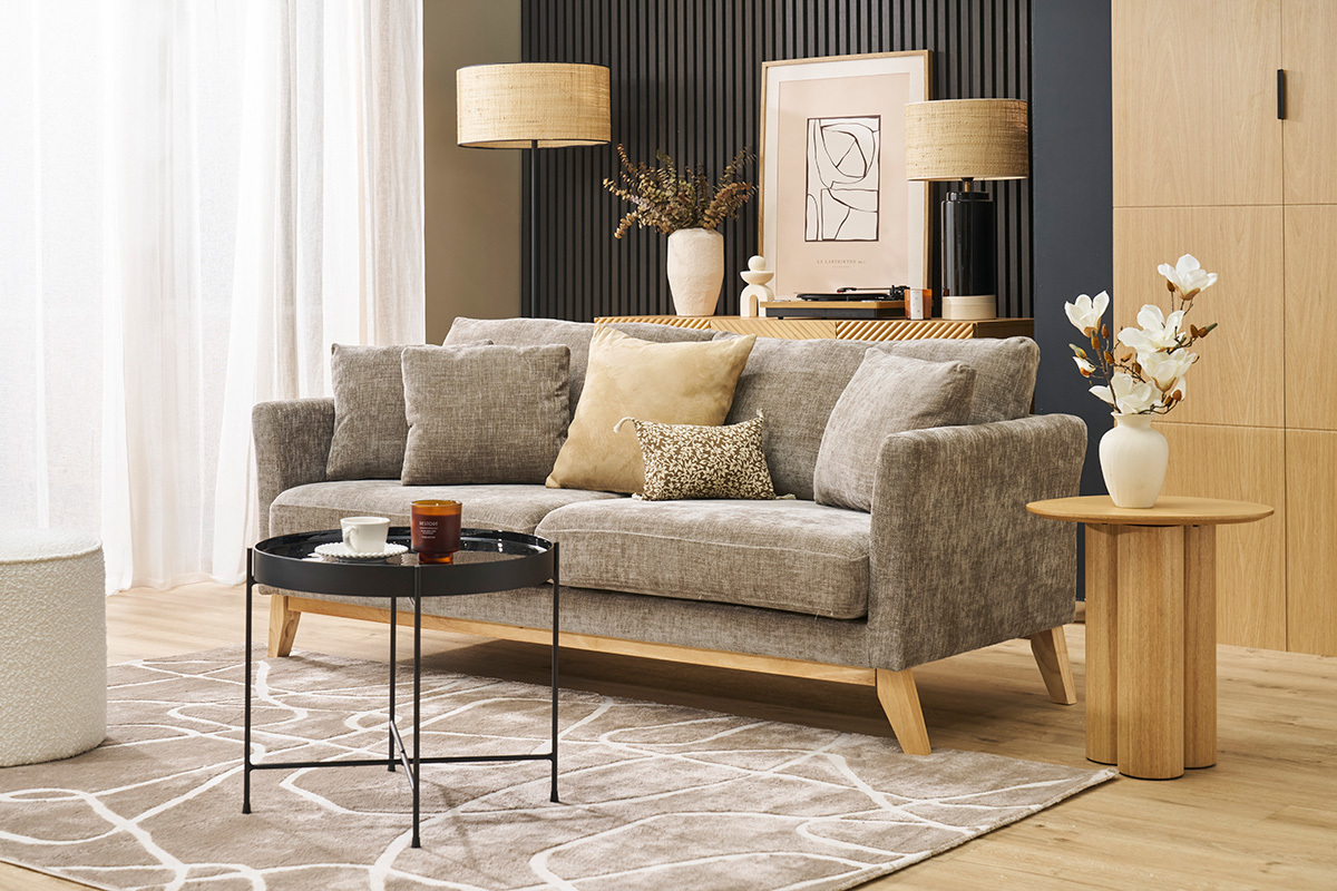 Canap scandinave dhoussable 3 places en tissu effet velours textur taupe et bois clair OSLO