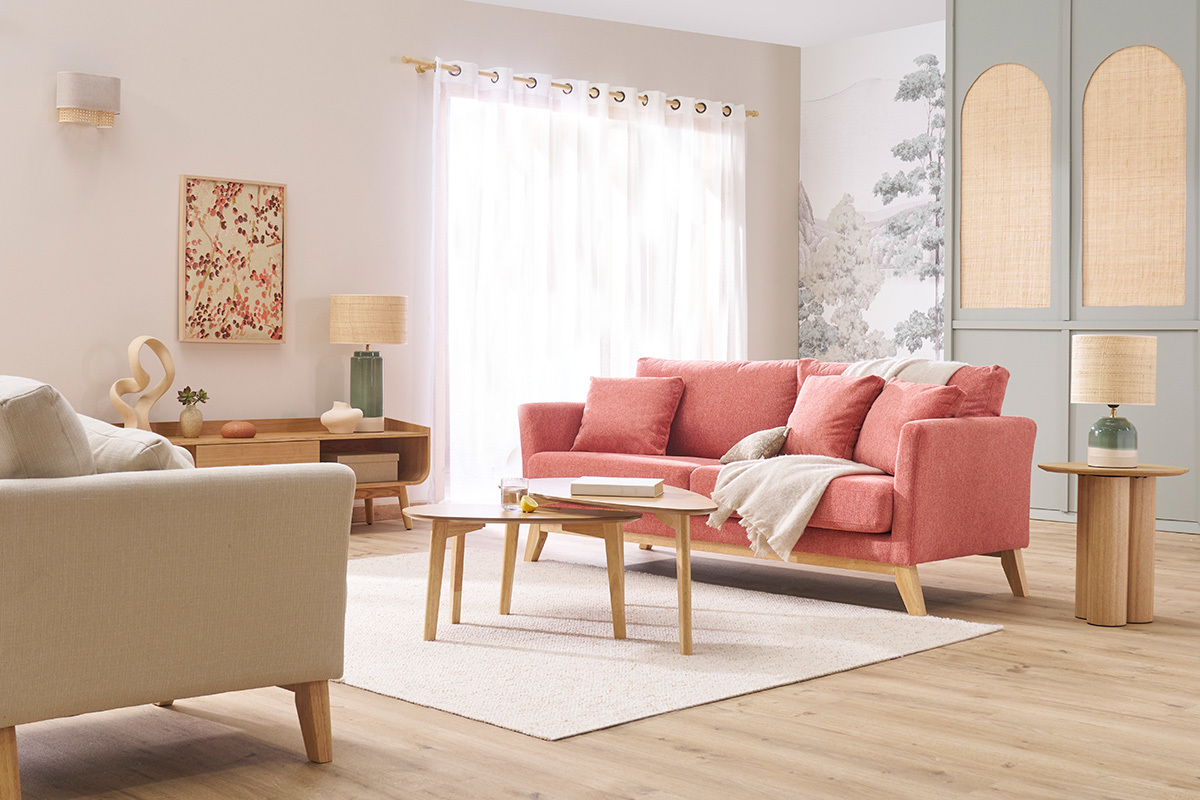 Canap scandinave dhoussable 3 places en tissu effet velours textur terracotta et bois clair OSLO