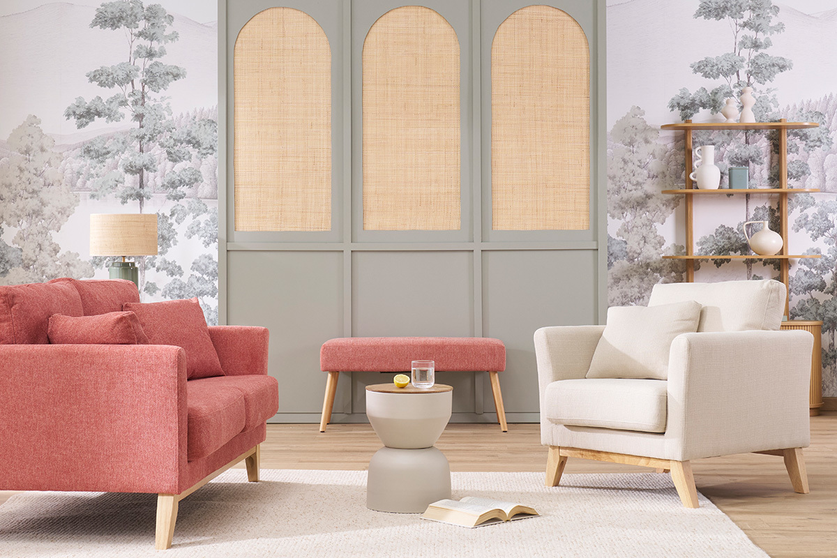 Canap scandinave dhoussable 3 places en tissu effet velours textur terracotta et bois clair OSLO