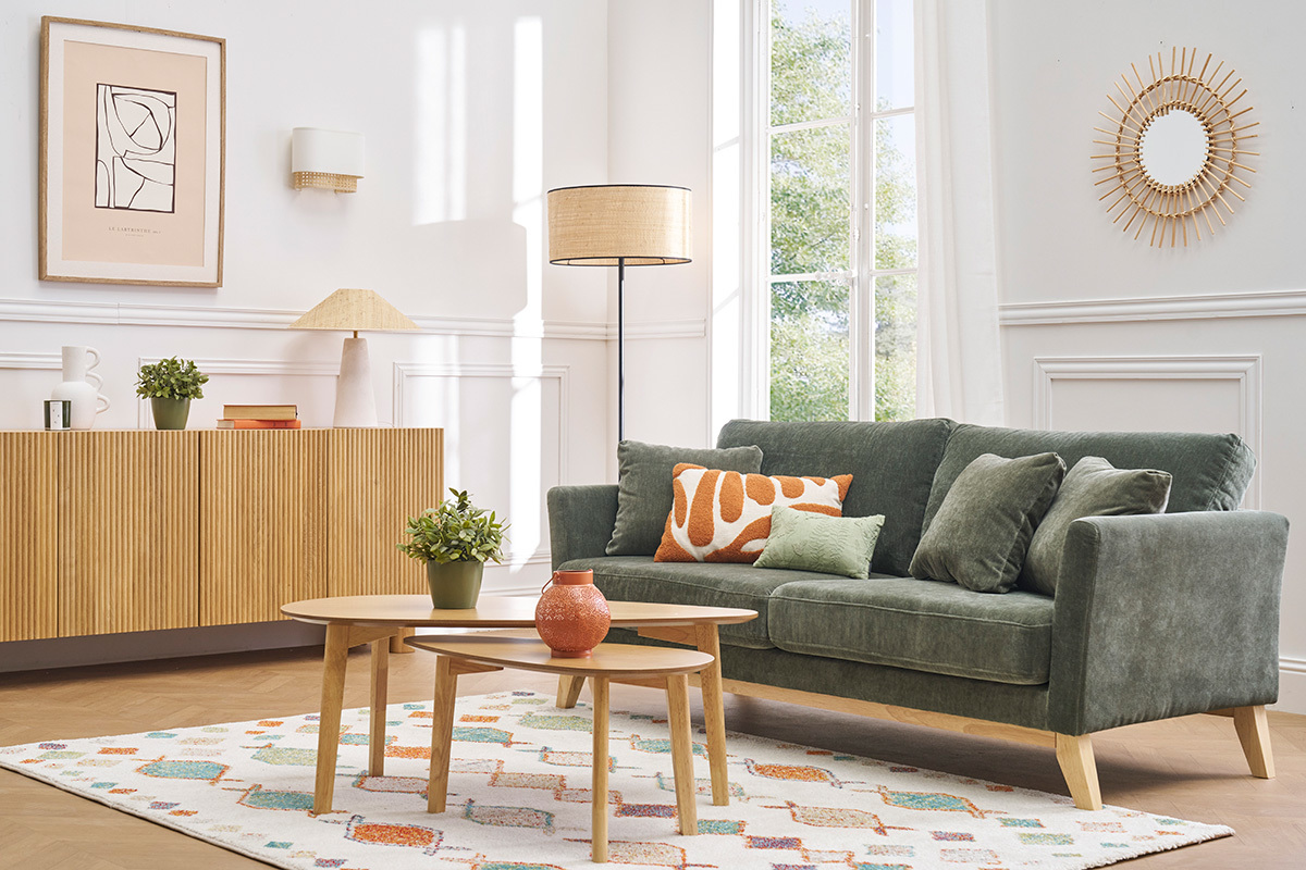 Canap scandinave dhoussable 3 places en tissu effet velours vert kaki et bois clair OSLO