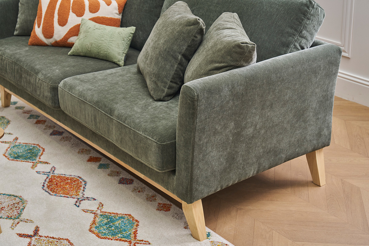 Canap scandinave dhoussable 3 places en tissu effet velours vert kaki et bois clair OSLO