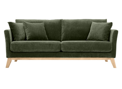 Canapé scandinave déhoussable 3 places en tissu effet velours vert kaki et bois clair OSLO