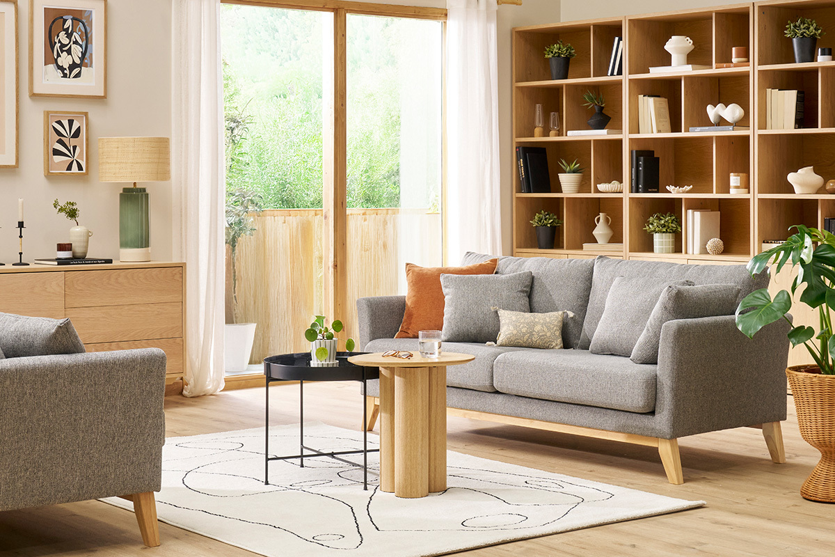 Canap scandinave dhoussable 3 places en tissu gris clair et bois clair OSLO