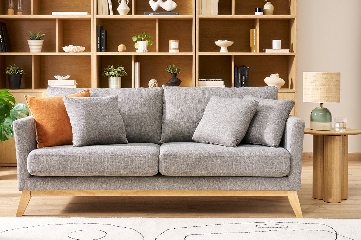 Canap scandinave dhoussable 3 places en tissu gris clair et bois clair OSLO