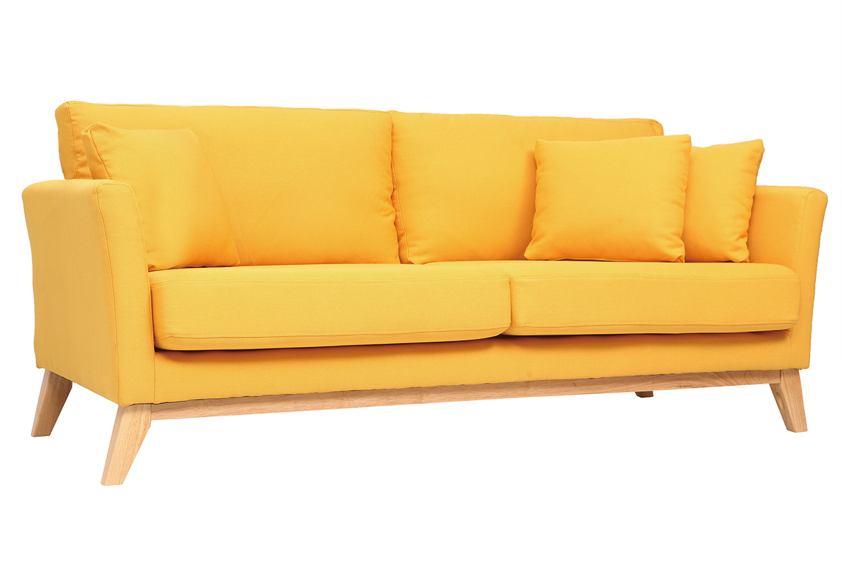 Canap� scandinave d�houssable 3 places en tissu jaune et bois clair OSLO