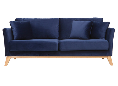 Canapé scandinave déhoussable 3 places en tissu velours bleu nuit et bois clair OSLO