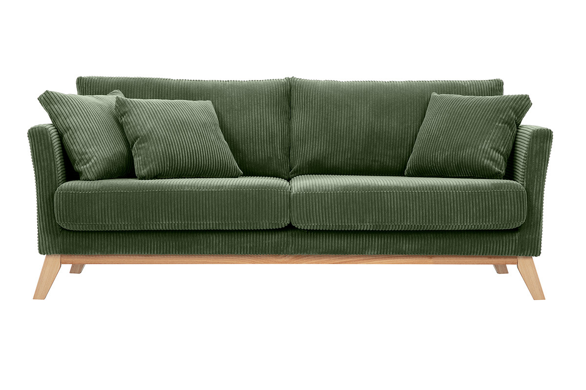 Canap scandinave dhoussable 3 places en tissu velours ctel vert kaki et bois clair OSLO