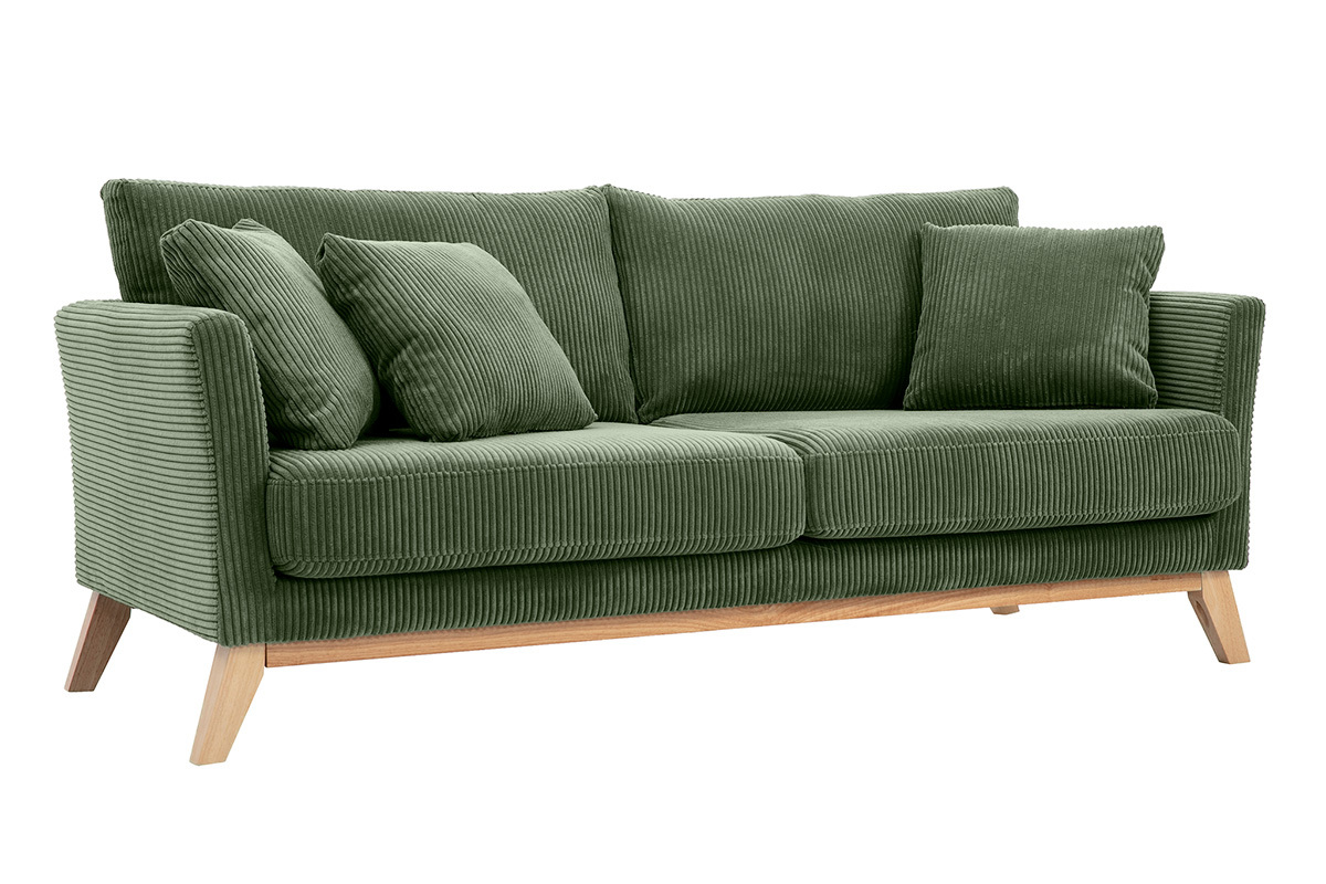 Canap scandinave dhoussable 3 places en tissu velours ctel vert kaki et bois clair OSLO