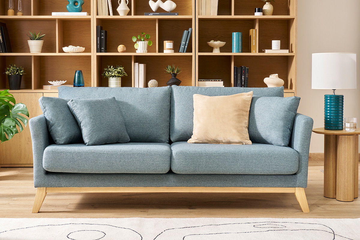 Canap scandinave dhoussable 3 places en tissu vert de gris et bois clair OSLO