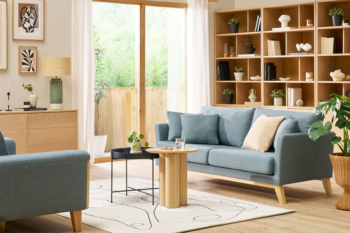 Canap scandinave dhoussable 3 places en tissu vert de gris et bois clair OSLO