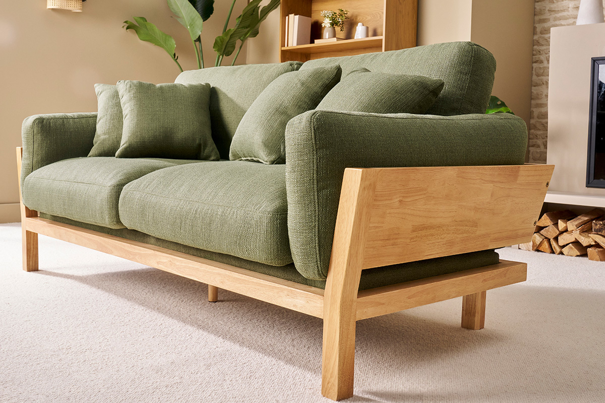 Canap scandinave dhoussable 3 places en tissu vert kaki et bois clair KYO