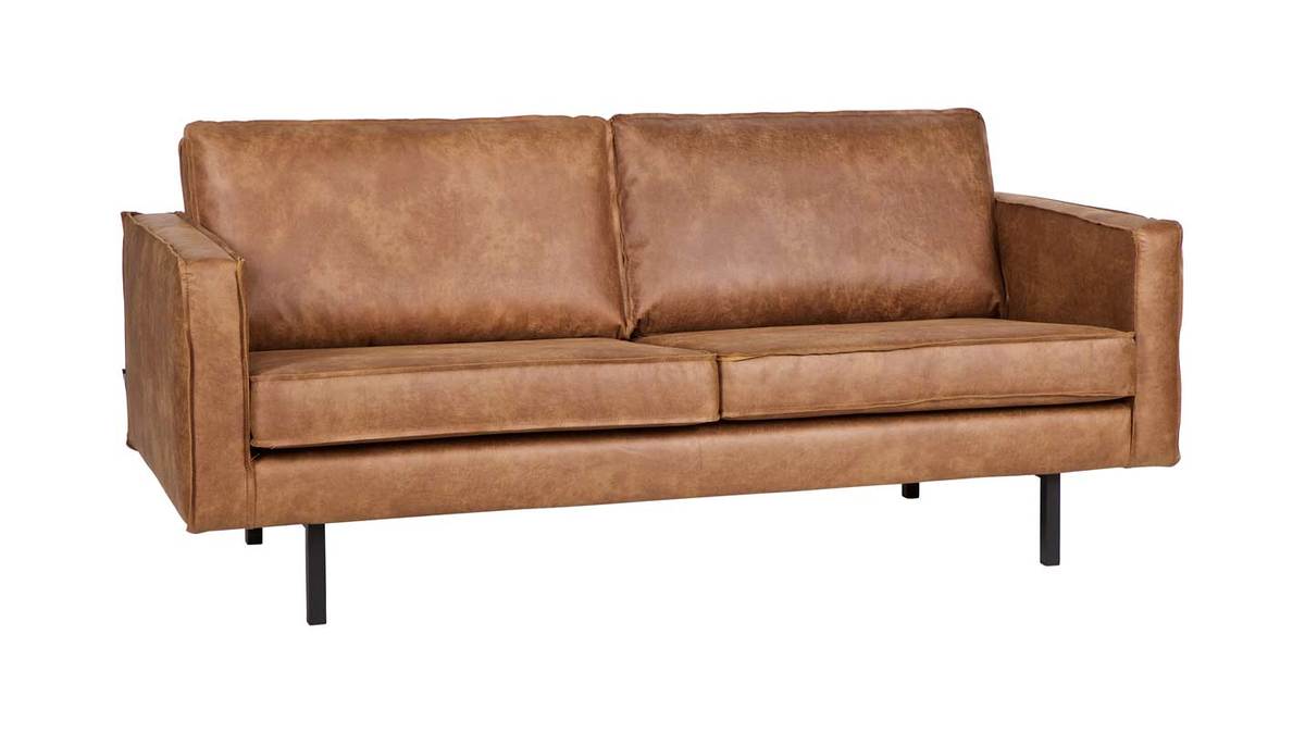 Canapé vintage 3 places cuir marron aspect vieilli et métal noir ASPEN