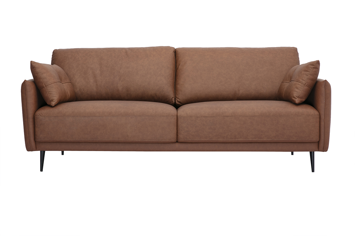 Canap vintage 3 places cuir marron et bois fonc DAVEN