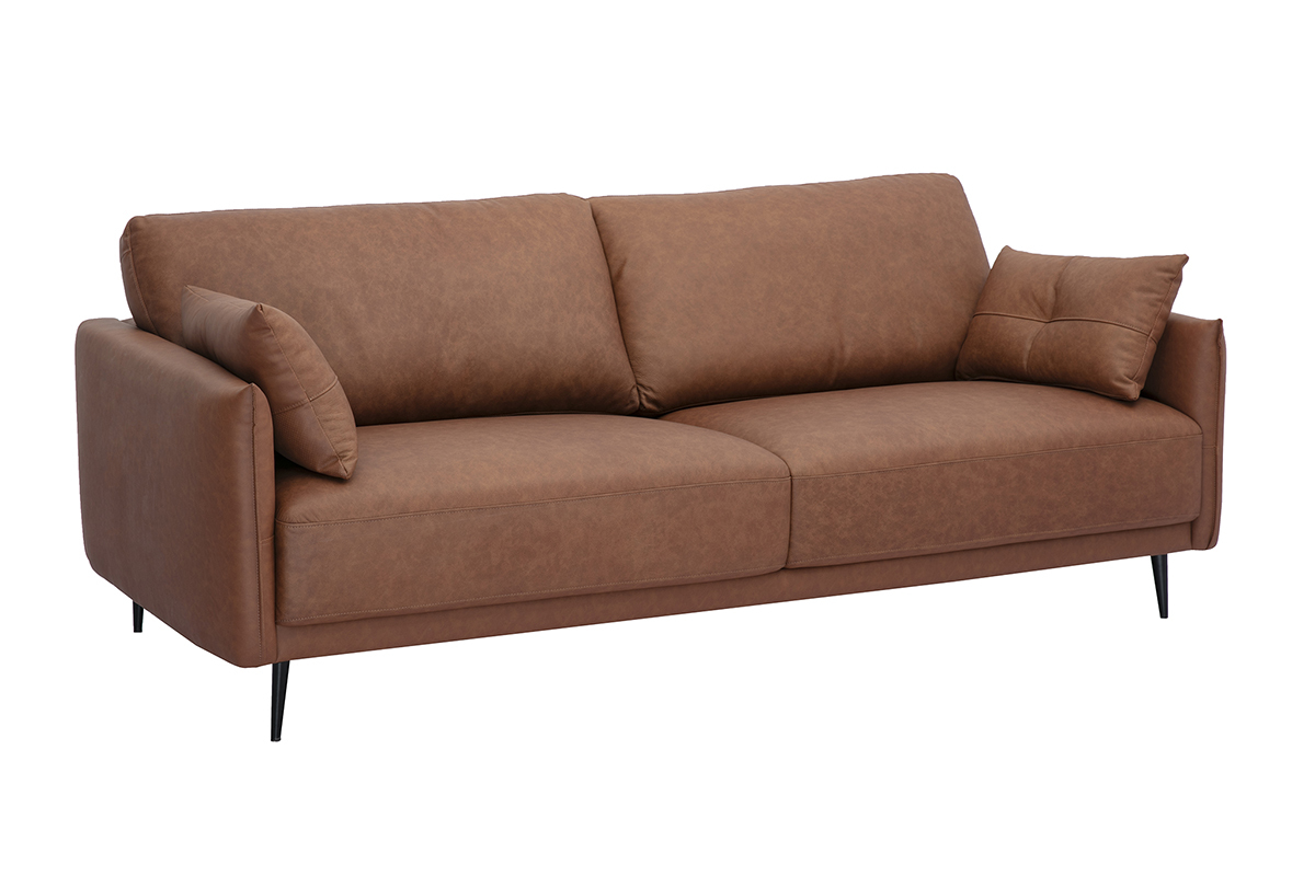 Canap vintage 3 places cuir marron et bois fonc DAVEN
