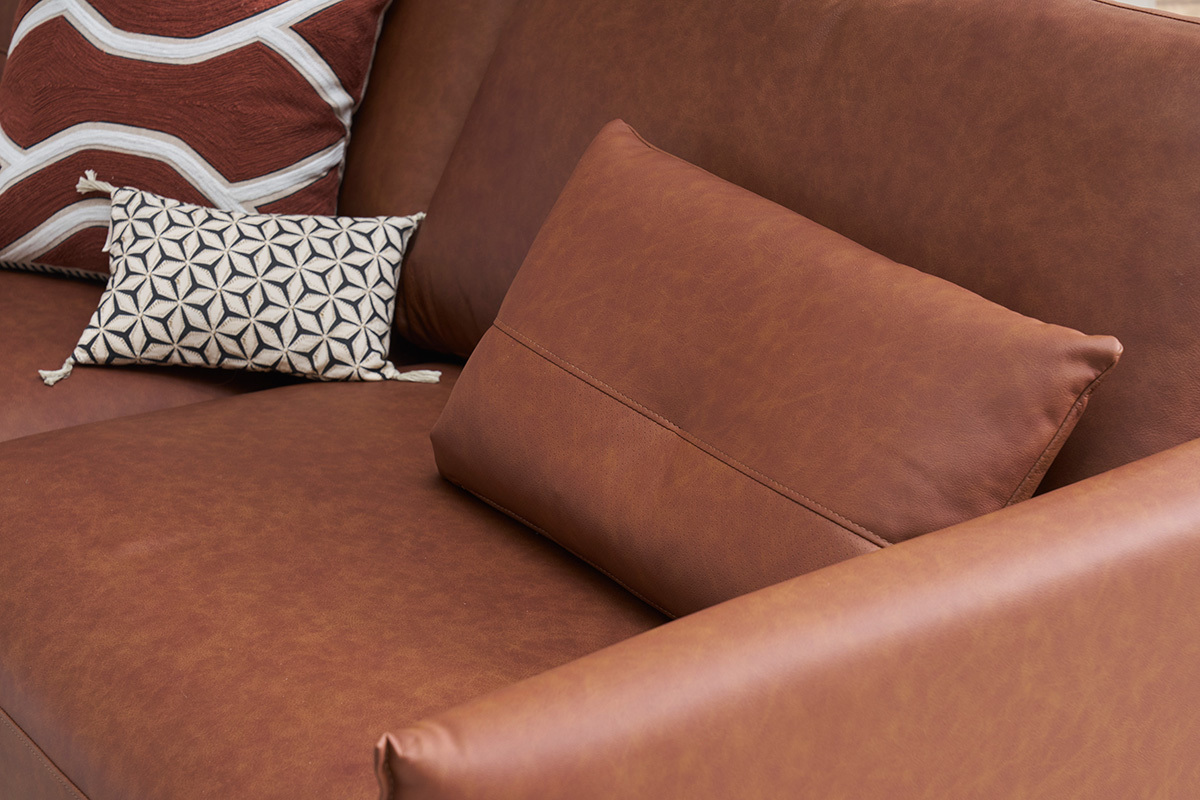 Canap� vintage 3 places cuir marron et bois fonc� DAVEN