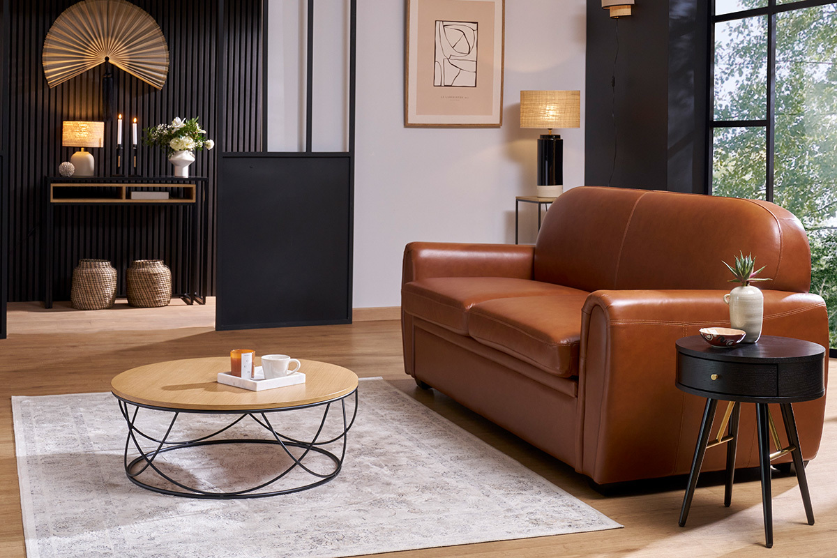 Canap vintage 3 places cuir marron et bois noir CLUB