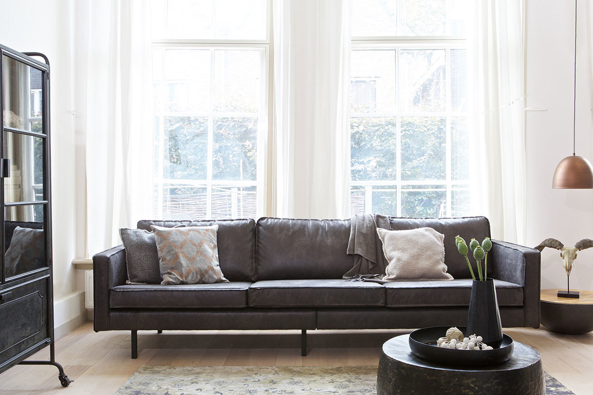 Canap� vintage cuir noir 4 places ASPEN - cuir reconstitu�