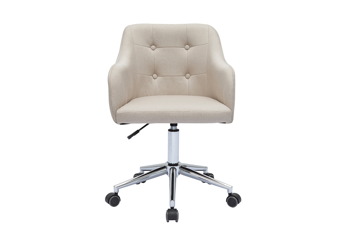 Chaise de bureau  roulettes capitonne en tissu beige et acier chrom BALTIK