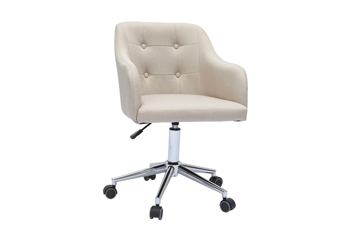 Chaise de bureau  roulettes capitonne en tissu beige et acier chrom BALTIK