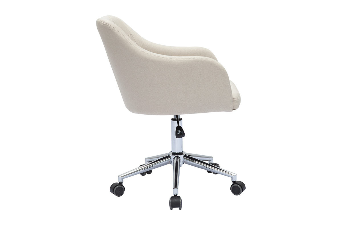 Chaise de bureau  roulettes capitonne en tissu beige et acier chrom BALTIK