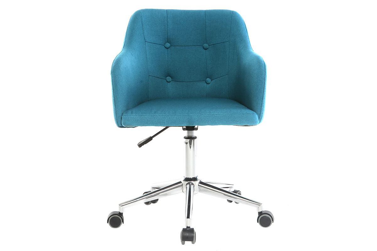 Chaise de bureau  roulettes capitonne en tissu bleu canard et acier chrom BALTIK