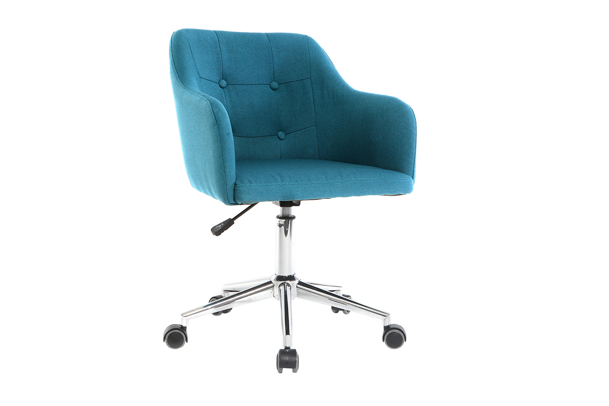 Chaise de bureau  roulettes capitonne en tissu bleu canard et acier chrom BALTIK