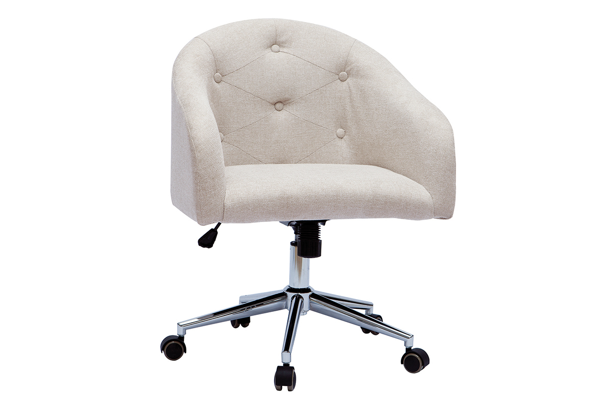 Chaise de bureau  roulettes capitonne en tissu effet velours textur naturel er acier chrom SHARON