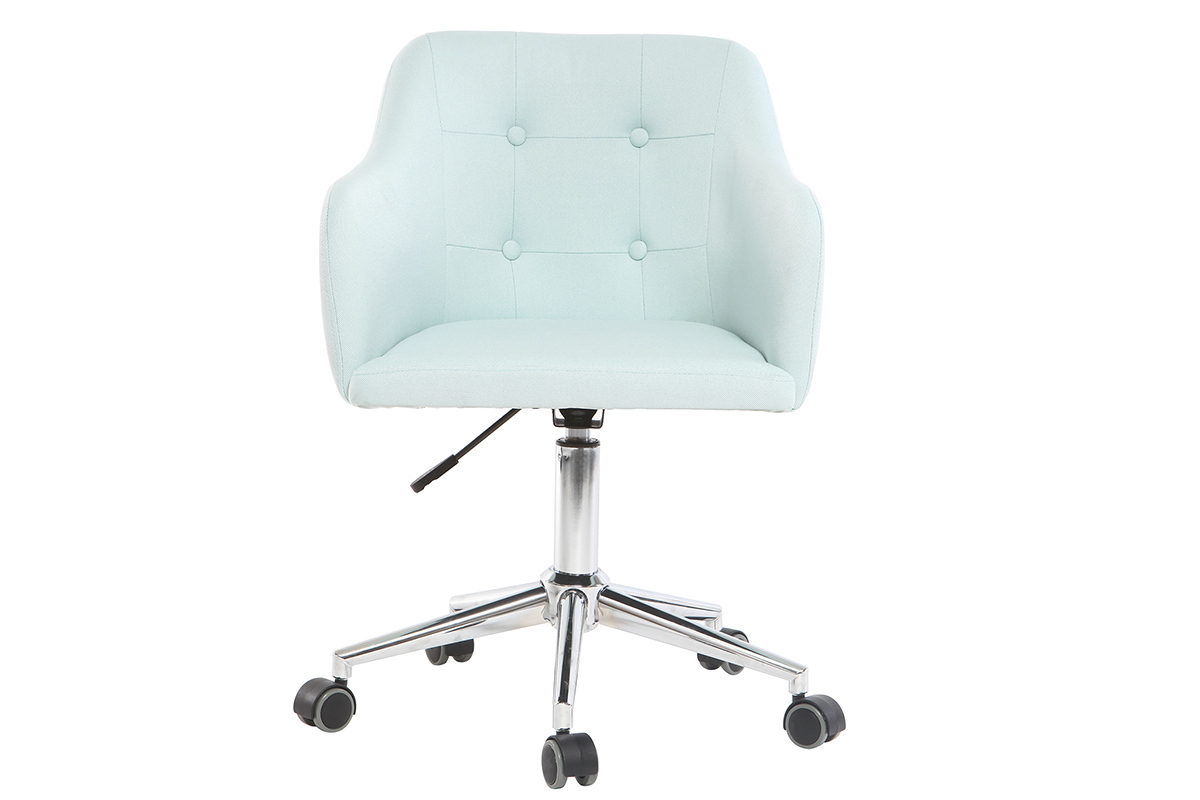 Chaise de bureau � roulettes capitonn�e en tissu menthe � l'eau et acier chrom� BALTIK