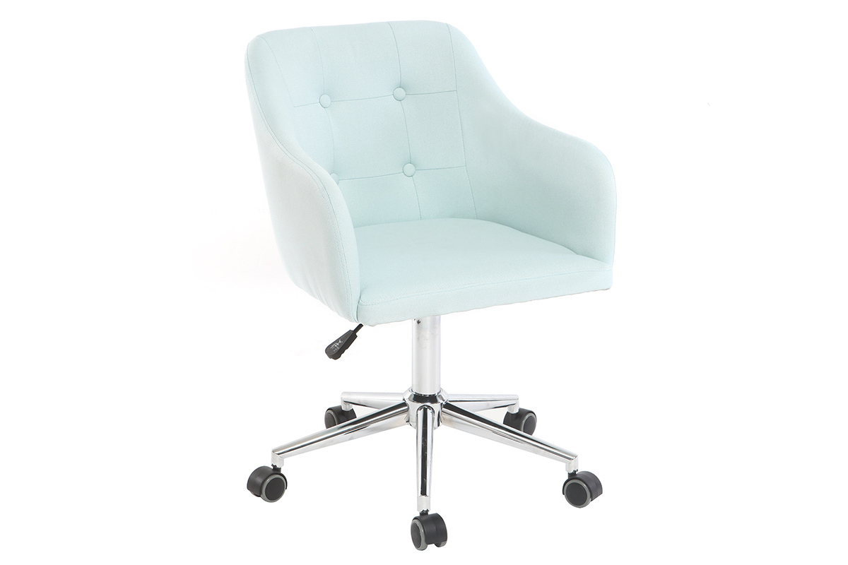 Chaise de bureau � roulettes capitonn�e en tissu menthe � l'eau et acier chrom� BALTIK