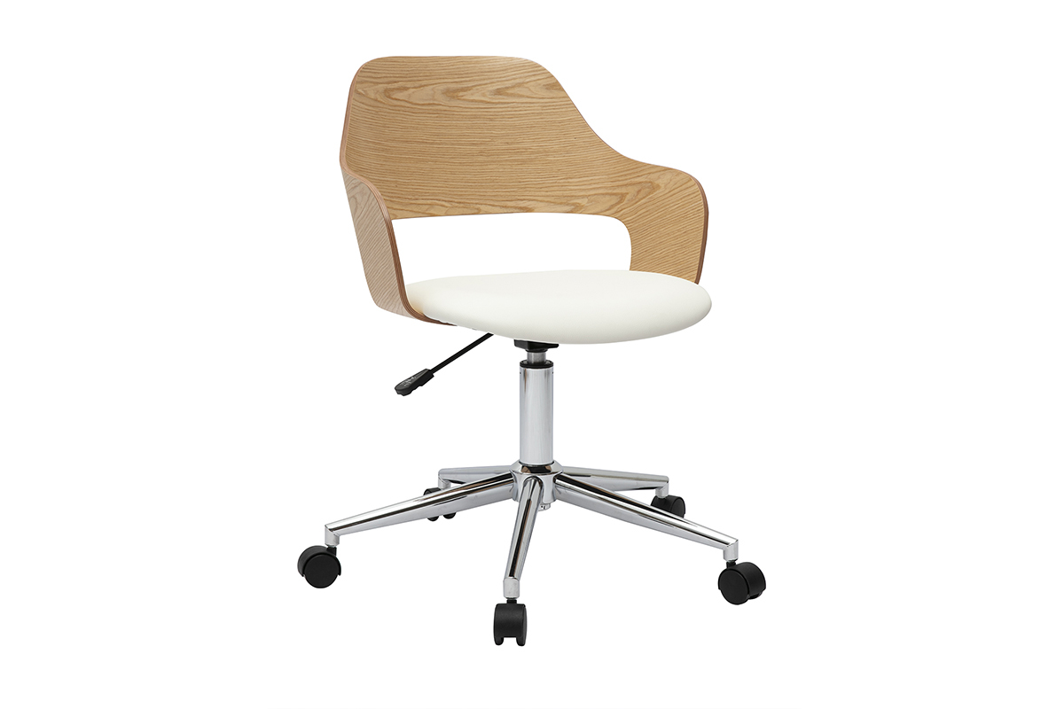 Chaise de bureau � roulettes design blanc, bois clair ch�ne et acier chrom� JANET